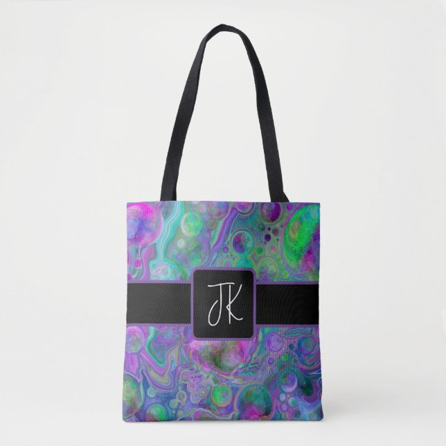 Purple, Green and Blue Fluid Art Marble Bokeh Tote Bag (Front)