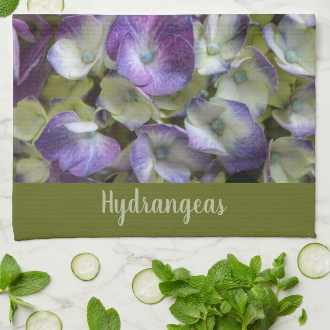 Purple Green and Cream Hydrangea Beautiful Floral Tea Towel (Folded)