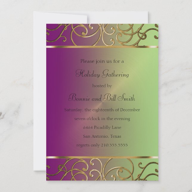 Purple Green and Gold Holiday Party Invitation (Back)