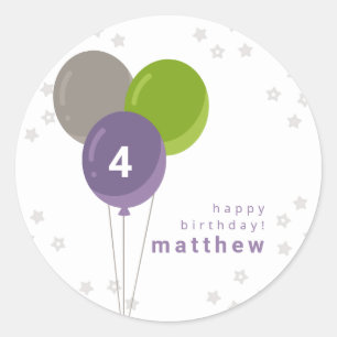 Purple Green and Grey Birthday Balloons Classic Round Sticker