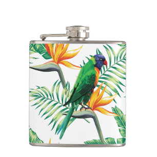 Purple Green And Orange Parrot And Flowers Hip Flask