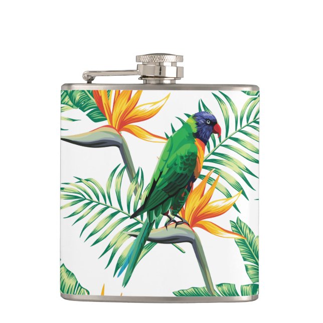 Purple Green And Orange Parrot And Flowers Hip Flask (Front)