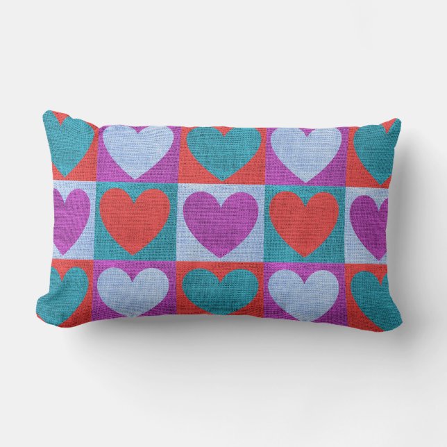 Purple Green and Red Checked Heart Pattern Lumbar Cushion (Front)
