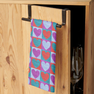 Purple Green and Red Checked Heart Pattern Tea Towel