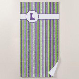 Purple, Green, and White Stripes Monogram Beach Towel