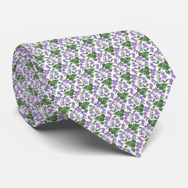 Purple, Green and White 'Sweet Violets' Pattern Tie (Rolled)