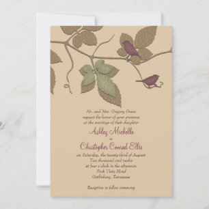Purple Green Birds Leaves Fall Wedding Invitation