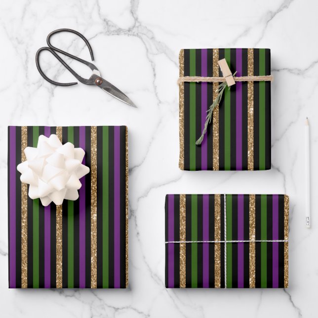 Purple, Green, Black, Faux Gold Stripes Mardi Gras Wrapping Paper Sheet (Front)