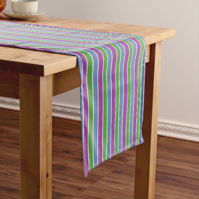 Purple Green Blue Striped Short Table Runner (In Situ)
