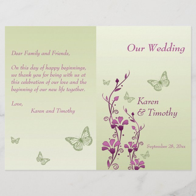 Purple, Green Butterfly Floral Wedding Program (Front)
