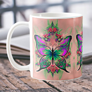 Purple Green Butterfly on Pink Coffee Mug