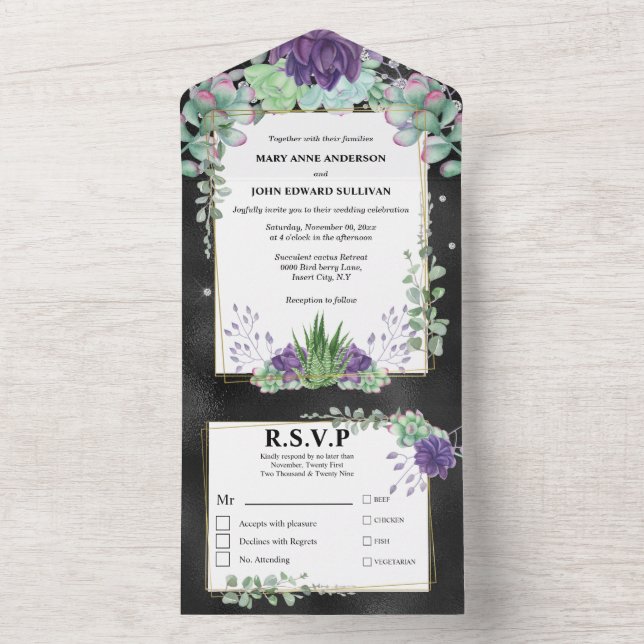 Purple green cactus eucalyptus greenery wedding all in one invitation (Inside)