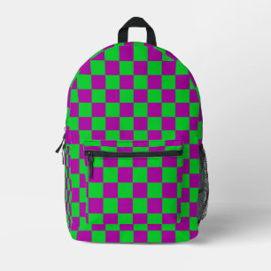 Purple Green Chequered Check Pattern Printed Backpack