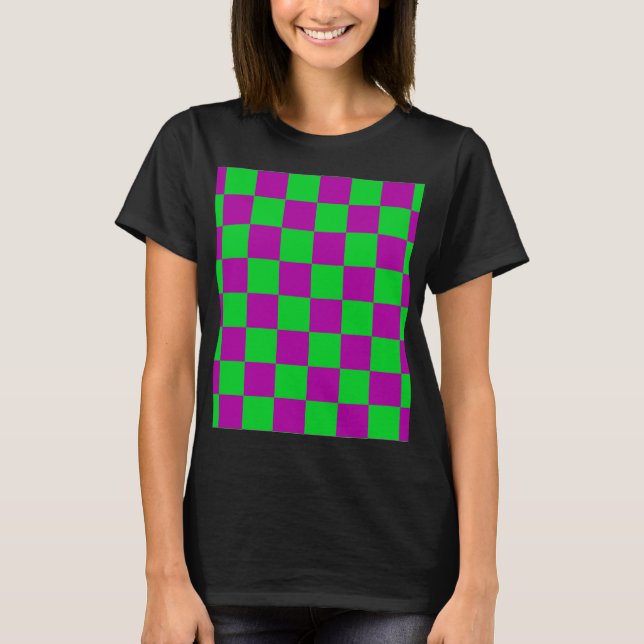 Purple Green Chequered Check Pattern T-Shirt (Front)