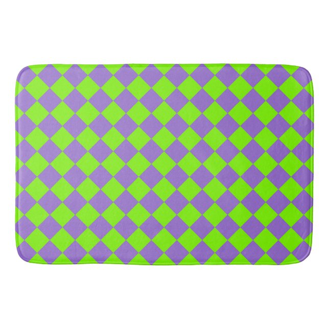 Purple Green Chequered Diamond Pattern Bath Mat (Front)