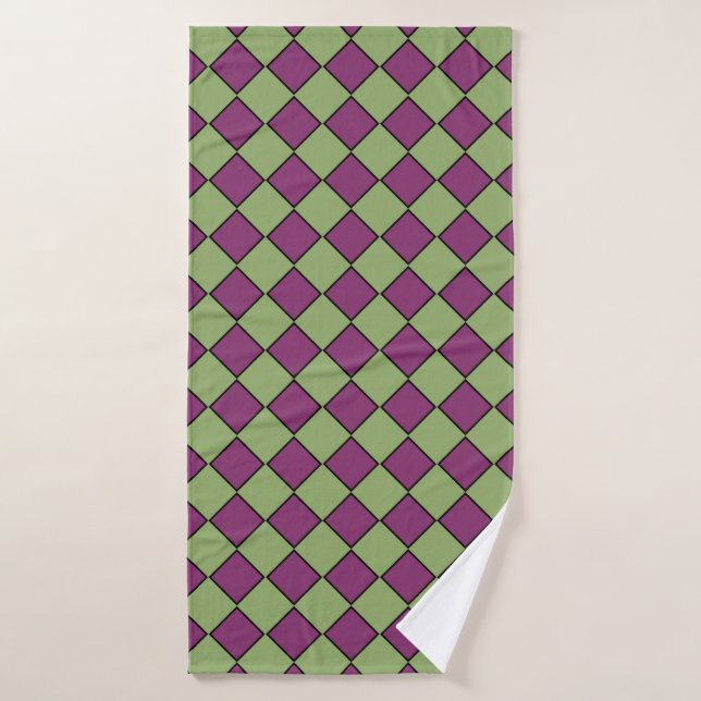 Purple Green Chequered Diamond Pattern Bath Towel (Bath Towel)