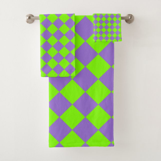 Purple Green Chequered Diamond Pattern Bath Towel Set (Insitu)