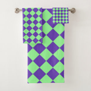 Purple Green Chequered Diamond Pattern  Bath Towel Set