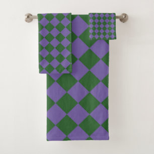 Purple Green Chequered Diamond Pattern Bath Towel Set