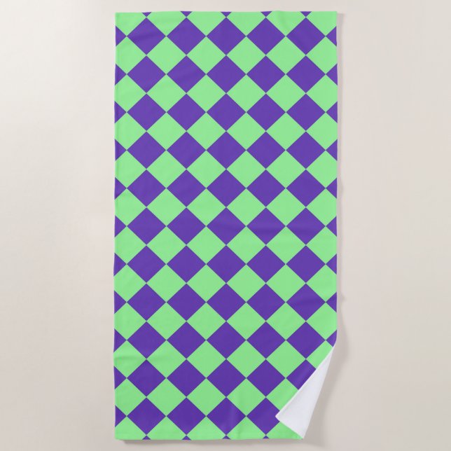 Purple Green Chequered Diamond Pattern  Beach Towel (Front)