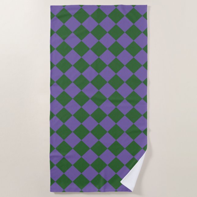 Purple Green Chequered Diamond Pattern  Beach Towel (Front)
