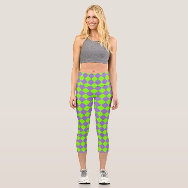 Purple Green Chequered Diamond Pattern Capri Leggings (Front)
