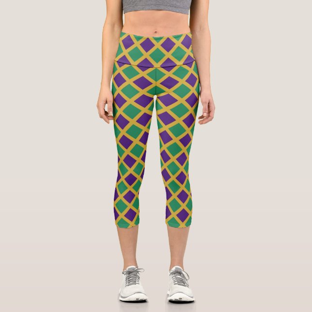 Purple Green Chequered Diamond Pattern Capri Leggings (Front)