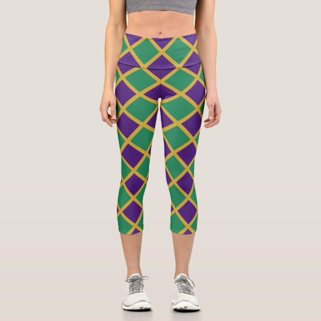 Purple Green Chequered Diamond Pattern Capri Leggings (Front)