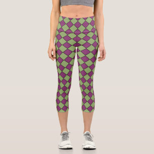 Purple Green Chequered Diamond Pattern Capri Leggings