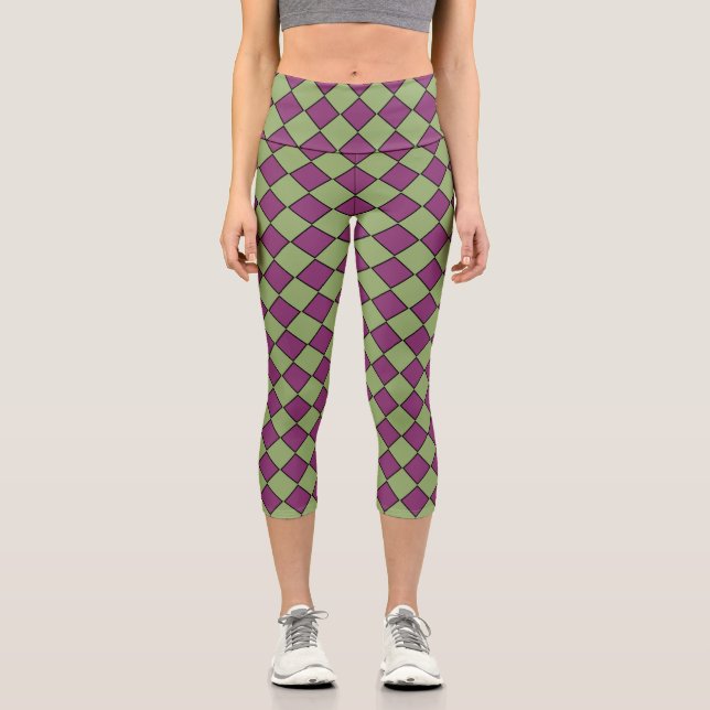 Purple Green Chequered Diamond Pattern Capri Leggings (Front)