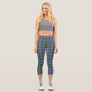 Purple Green Chequered Diamond Pattern Capri Leggings