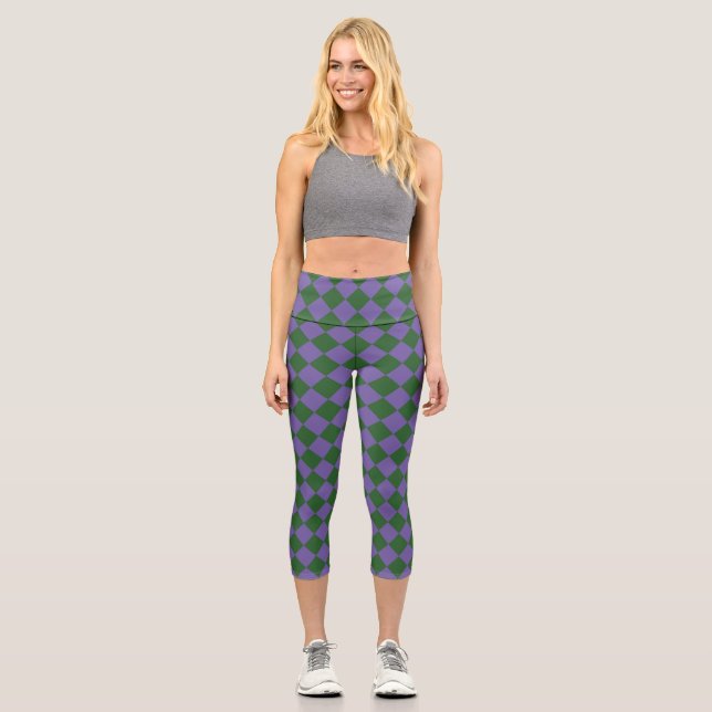 Purple Green Chequered Diamond Pattern  Capri Leggings (Front)