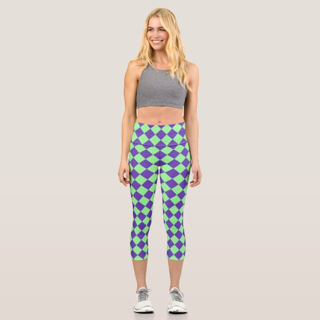 Purple Green Chequered Diamond Pattern  Capri Leggings (Front)