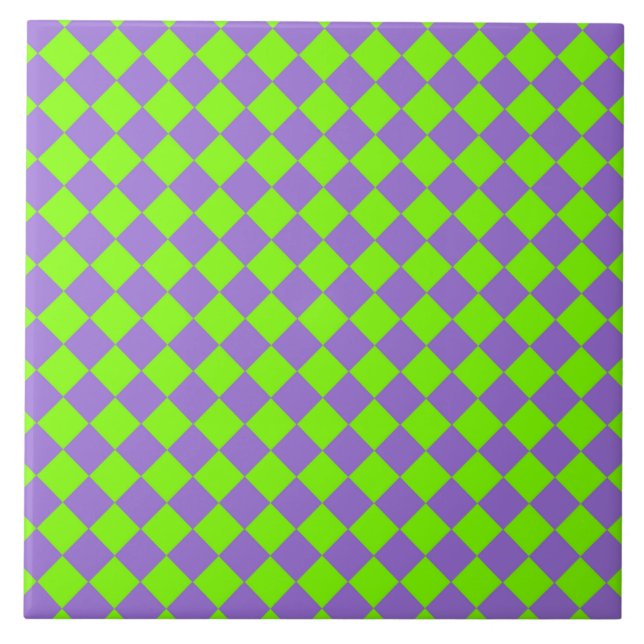 Purple Green Chequered Diamond Pattern Ceramic Tile (Front)