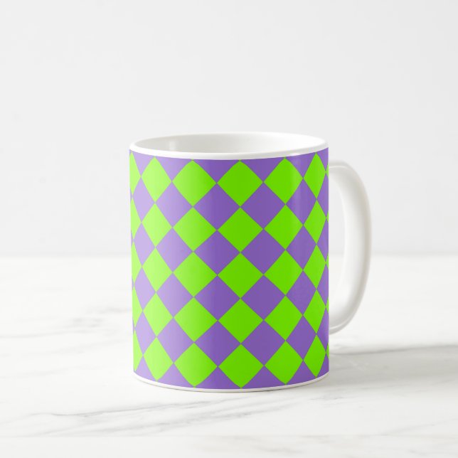 Purple Green Chequered Diamond Pattern Coffee Mug (Front Right)