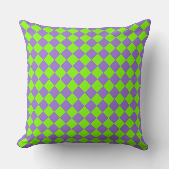 Purple Green Chequered Diamond Pattern Cushion (Front)