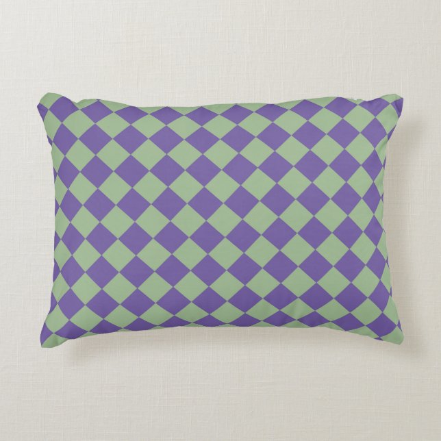 Purple Green Chequered Diamond Pattern Decorative Cushion (Front)