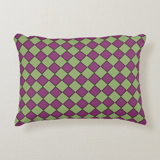 Purple Green Chequered Diamond Pattern Decorative Cushion (Front)