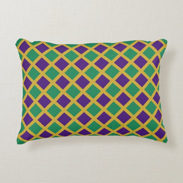 Purple Green Chequered Diamond Pattern Decorative Cushion (Front)