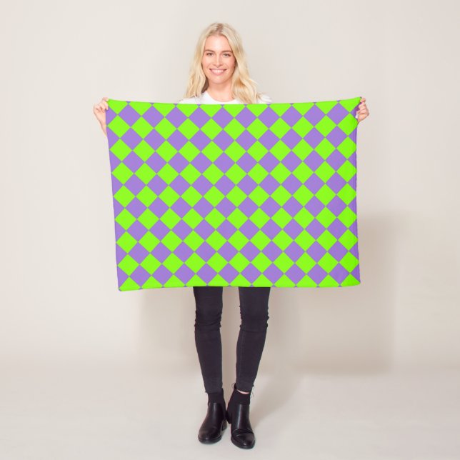 Purple Green Chequered Diamond Pattern Fleece Blanket (In Situ)