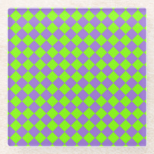 Purple Green Chequered Diamond Pattern Glass Coaster