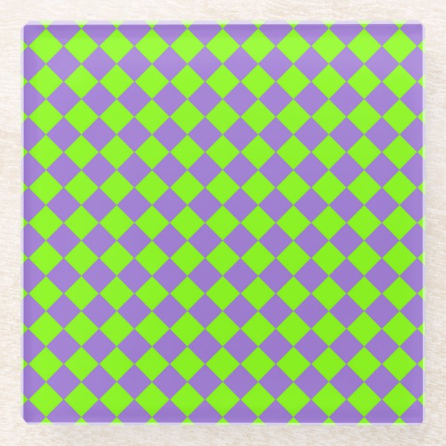 Purple Green Chequered Diamond Pattern Glass Coaster (Front)