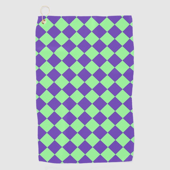 Purple Green Chequered Diamond Pattern Golf Towel (Front)