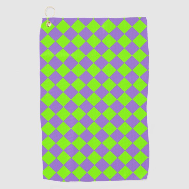 Purple Green Chequered Diamond Pattern Golf Towel (Front)