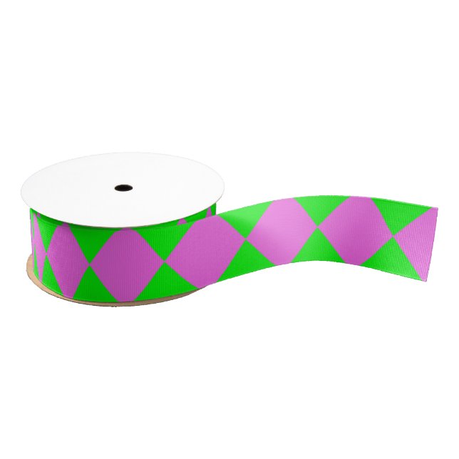 Purple Green Chequered Diamond Pattern Grosgrain Ribbon (Spool)