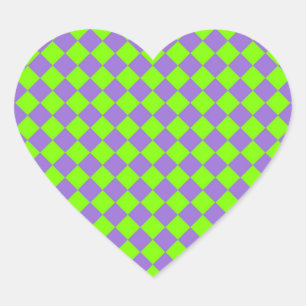 Purple Green Chequered Diamond Pattern Heart Sticker