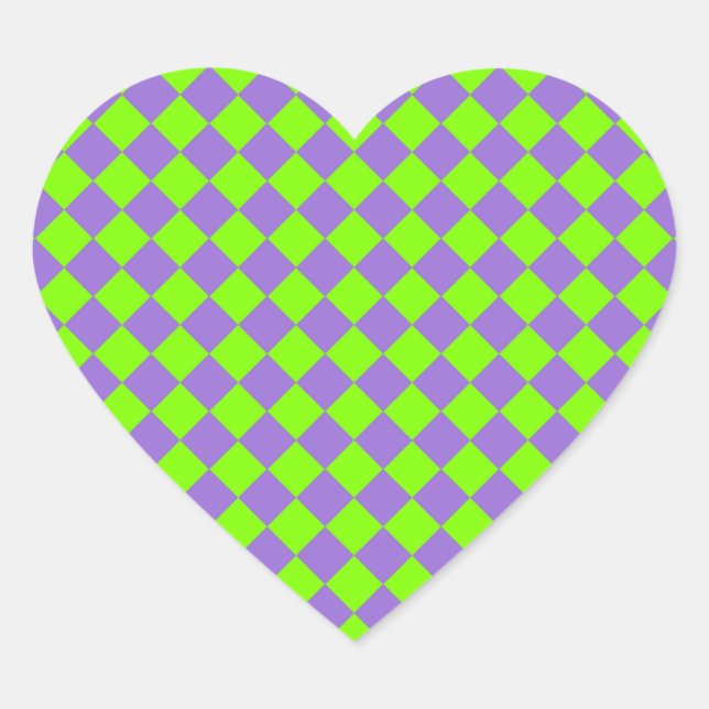 Purple Green Chequered Diamond Pattern Heart Sticker (Front)