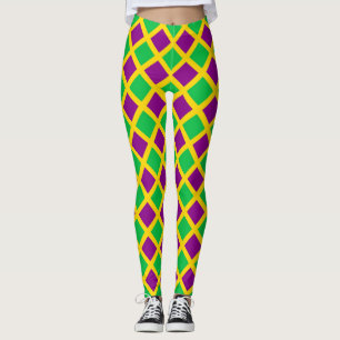Purple Green Chequered Diamond Pattern Leggings