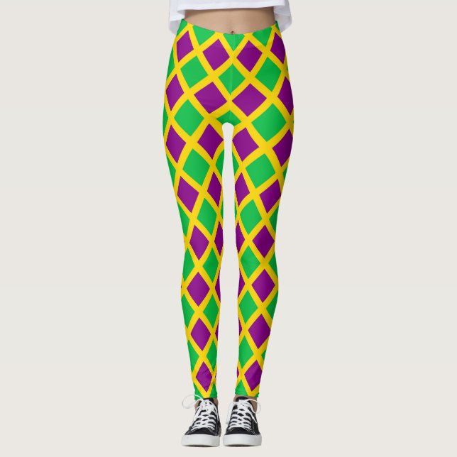 Purple Green Chequered Diamond Pattern Leggings (Front)