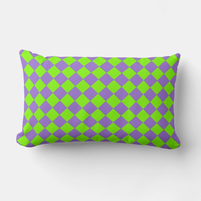 Purple Green Chequered Diamond Pattern Lumbar Cushion (Front)